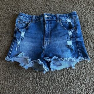 Wax Jeans,High Waist Stretchy Jean Short Medium Wash Distressed Raw,Size 9